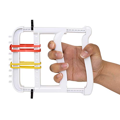 Rolyan Basic Ergonomic Hand Exerciser, Fortalecimento do dispositivo para dedos, mãos e polegares, vem com 4 pares de elásticos graduados com dificuldade progressiva, branco