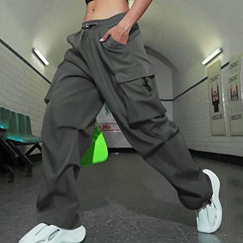 2023 calças de cargo de 2023 calças com zíper da cintura alta com bolsos relaxados calças folgadas com cordão Y2K corredores