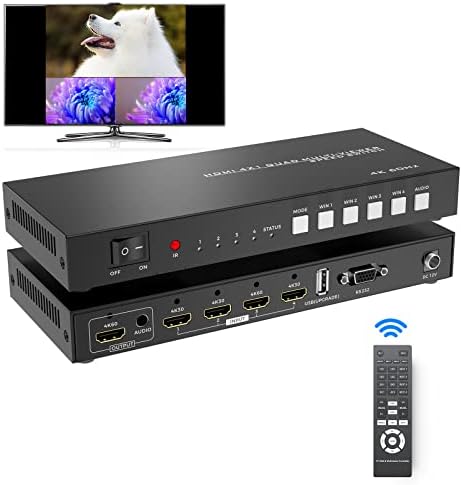 4K HDMI Quad Multi-Viewer 4x1, Yinker 4 em 1 OUT HDMI Quad Switcher para 4K@60Hz, suporta áudio de 3,5 mm e rotação de