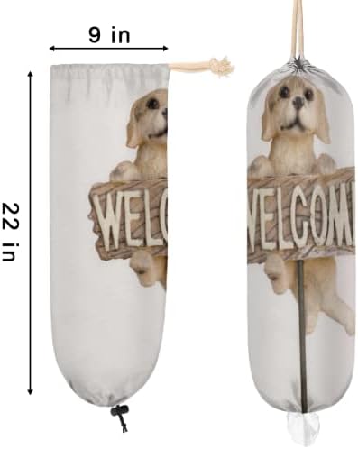 Bem -vindo ao nosso cão de cão de casa cita o porta -malas de plástico portador de parede Mount Grocery Bag Organizer