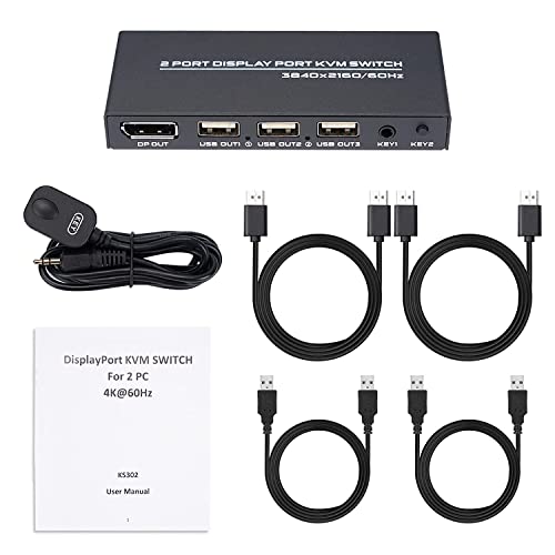 DisplayPort KVM Switch 4K@60Hz, seletor de comutador DP USB KVM para 2 Computador Compartilhe 1 Monitor Printina de