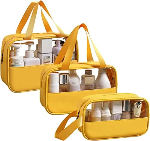 Weallbuy 3 PCs Bolsa de cosméticos transparentes, sacola de maquiagem de retalhos à prova d'água, bolsa de produtos de higiene pessoal com alça de transporte, organizar cosméticos e produtos de higiene pessoal