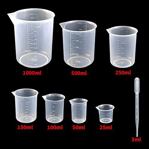 Conjunto de copos de plástico com tamanhos de tamanhos, medição clara de copos de contêineres líquidos graduados em 25ml/50ml/100ml/150ml/250ml/500ml/1000ml