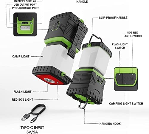 Lanternas recarregáveis ​​de lanterna de acampamento, lanterna de 1300lm multiuso, 6000mAh 18 horas de bateria, IP45 à prova