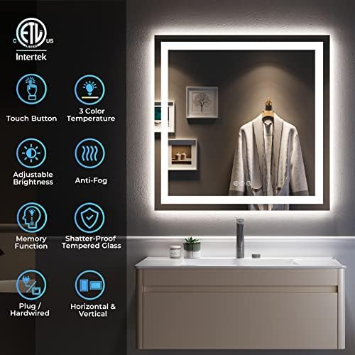 Mirror de banheiro LED 36x36 com iluminação frontal e retroiluminada, espelho da vaidade do banheiro iluminado com luzes, montado na parede, grande espelho de vaidade led anti-capa com 3 cores, diminuído, memória, horizontal/vertical