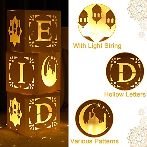 Caixas de decoração de Eid com luz-3pcs Caixas de papel escavado branco com cordas leves, elementos culturais Eid para eid