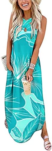 Vestido maxi para mulheres boho floral halter pescoço sem mangas de mangas casuais dividir vestido longo fluido de verão com bolso