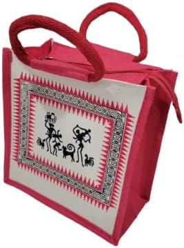 FestiveVibe- Bolsa Sacos com alças | Bolsa de juta com impressão de Warli | Bolsa de juta | Lancheira de juta | Sacos de juta