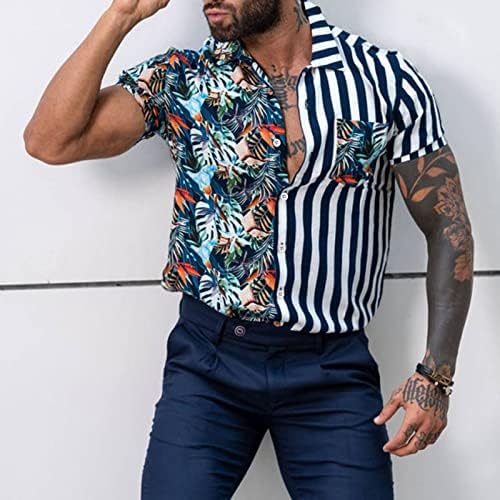 Camisas havaianas de homens masculinos, listras de retalhos de retalhos de retalhos curtos de manga curta, botão da praia do verão, camisa casual de férias casuais