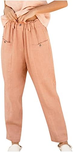 Calça de linho de algodão da cintura elástica da cintura feminina CHGBMOK com bolsos casuais calças de perna larga de pernas largas calças de moletom