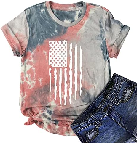 Camisas de bandeira americana feminina no pescoço redondo de manga curta Tops Independence Day Patriótico Bloups casual