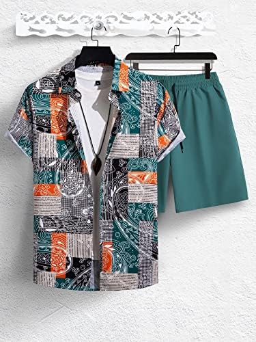 OSHHO Duas peças para homens Men Camisa de impressão de retalhos aleatórios e shorts de cintura de cordão sem tee