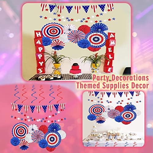 Decorações patrióticas Apodty Conjunto de 4 de julho Decorações patrióticas Decorações de festa Fãs de papel, fãs de papel definem