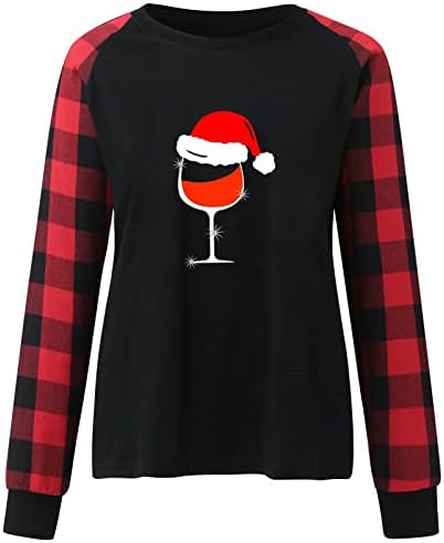 Camisa de Natal feminina tops engraçados xadrez xadrez de manga longa de raglan camisetas raglan splicing redond rount sweethirts