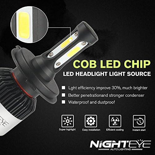 NightEye H4 Hi/Lo Bulbos de farol de LED, alto brilho 72w 9000lumens 6500k Xenon White White extremamente brilhante Chipsets LED LED