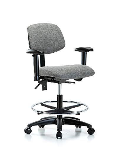 Labtech Seating LT42439 Cadeira de bancada média, tecido, base de nylon - braços, anel de pé cromado, rodízios, azul