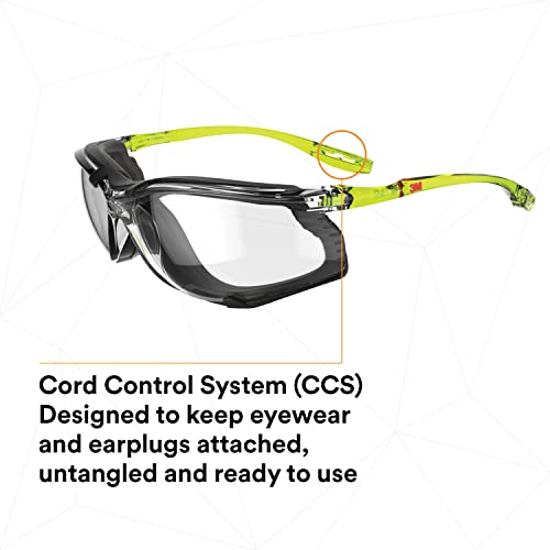 Óculos de segurança 3M, série Solus CCS, ANSI Z87, revestimento anti-nebro Scotchgard, lente transparente, sistema de controle de plugue de orelha com fio, junta de espuma removível, SCCS01SGAF-GRN-F