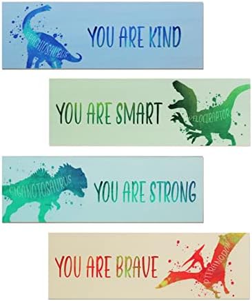 VENESUN 4PCS Dinosaur Wall Art Decors for Kids Bedroom, dinossauro de madeira pendurado em parede de parede Placas para meninos