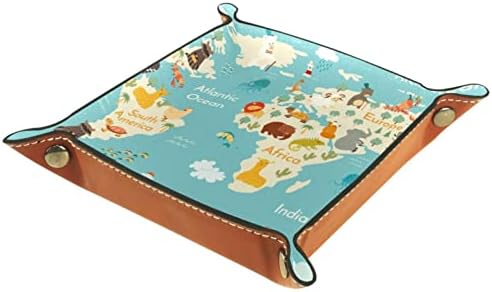 Bandeja de manobrista de couro Tacameng, mapa mundial Animais do continente ilustração da vida marinha, caixas de armazenamento Organizador