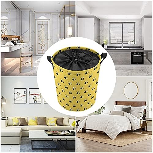 Padrão de abelhas amarelas Sacos redondos de lavanderia cesta de armazenamento de cesto à prova d'água com alças e tampa de fechamento de cordão