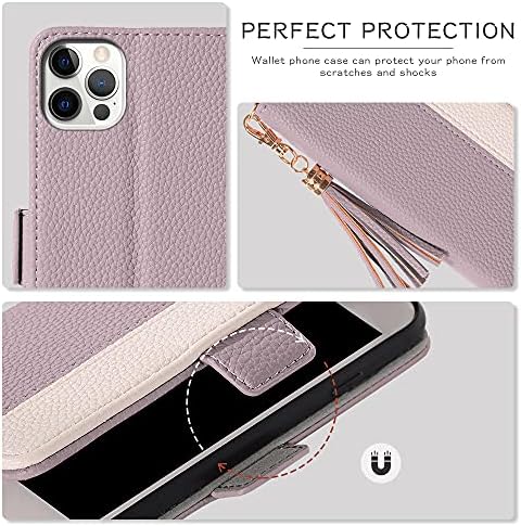 Caixa da carteira do iPhone 12 do HomeLax para mulheres, design de telefone de couro de dupla colorido 12 Projeto de telefone de couro, capa de bolsa de chinelos de bolsa com kickstand e estojo de silicone macio para iPhone 12/12 Pro 6.1 , fumaça roxa