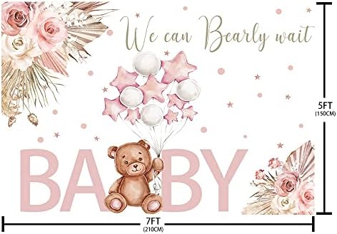 Aibiin 7x5ft Urso Baby Shower Backdrop Para menina, podemos esperar para conhecê -lo rosa boho floral pampas de balão
