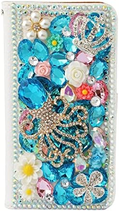 Fairy Art Crystal Cartlet Caixa de telefone compatível com Samsung Galaxy A33 5G - Crown Octopus - Azul - 3D Madeiro Glitter Bling Cover com protetor de tela e coloinho de pescoço