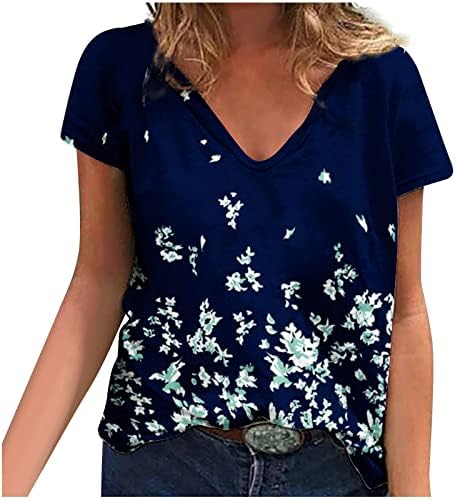 Summer feminino solto tops tops novidade de manga curta camiseta floral impressa v pesco