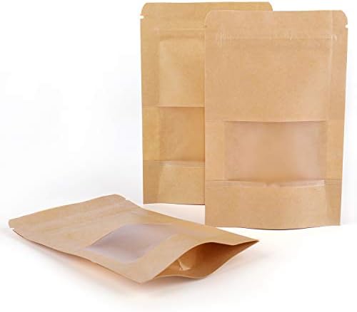 Kingrol 300 pacote 3,5 x 5,5 polegadas Mini Sacos de papel Kraft com zíper selvagem de vedação de trava e janela transparente, sacos de comida de stand up