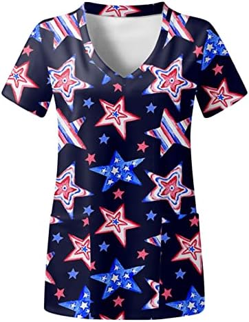4 de julho camiseta de camiseta para mulheres bandeira dos EUA Summer Summer Manga curta camiseta em vaca em V com 2 bolsos Bloups Holiday Casual Workwear