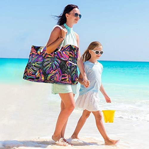 Alaza colorida monstera e palmeira folhas grandes bolsas de praia para mulheres bolsas de ombro reutilizáveis ​​com zíper bolso de bolso