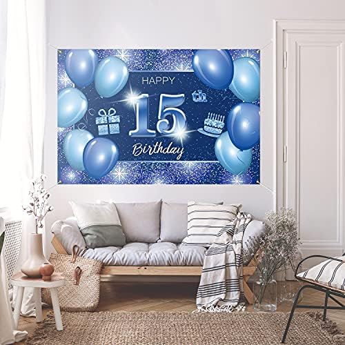 Feliz aniversário de 15 anos, decoração de banner azul - Dot Glitter Sparkle Decorações de temas de festa de aniversário de 15 anos para meninos suprimentos de meninas