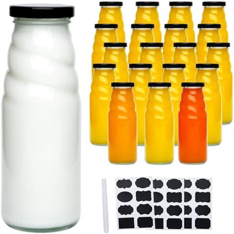 Garrafa de leite de vidro de 11 onças QAPPDA com tampas, conjunto de 20 garrafa de vidro transparente com tampas de