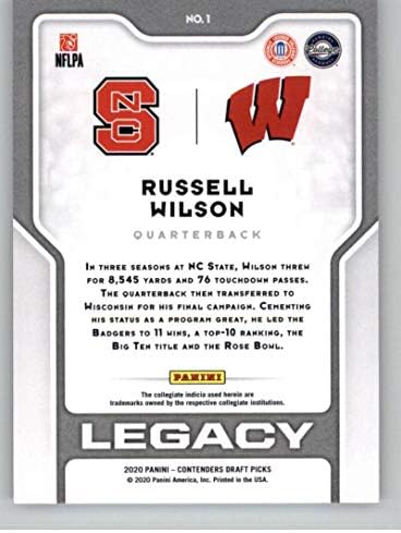2020 Panini Condores Draft Legacy 1 Russell Wilson NC State Wolfpack/Wisconsin Badgers Football Trading Card