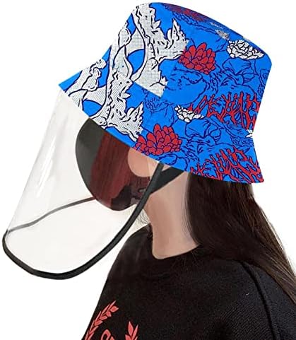 Chapéu de proteção para adultos com escudo facial, chapéu de pescador anti -sun tap, placa de madeira azul vintage