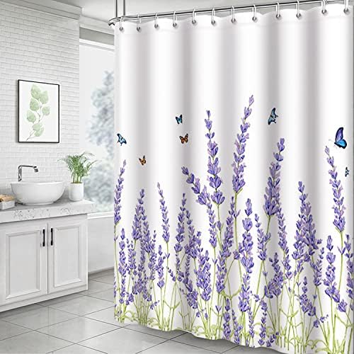 Cortina de chuveiro de lavanda yeele, natureza violeta de borboleta floral cortinas de banheira de planta cortina de chuveiro