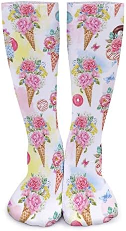 WeedKeyKatCat Ice Cream Aquarela Padrão Floral Socks grossos Novelty Funny Print Graphic Casual Casual Meias de tubo médio para
