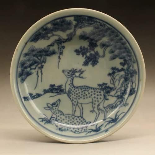 13cm Qing Guangxu Minyao Blue e White Deer Plate Antique Porcelana Ornamentos Retro Collection