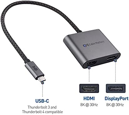 Cable Matters 8K ou 4K dual @60Hz USB -C para HDMI e DisplayPort Adapter em cinza -ThunderBolt 4 e USB4 compatíveis
