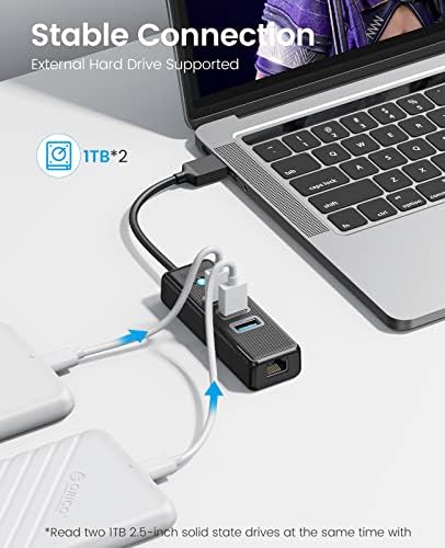 Orico USB 3.0 para adaptador Ethernet, hub 4-1-1 USB 3.0 com RJ45 10/100/1000 Adaptador Ethernet Gigabit com cabo de 1,6 pés compatível com Mac OS 10.x e acima, Linux, Android-Black