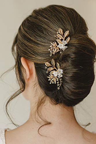 Sweetv 2pcs Hair pinos de cabelo de noiva Acessórios para cabelos de casamento de noiva Pedaços de cabelo para noivas Bridesmiad, ouro
