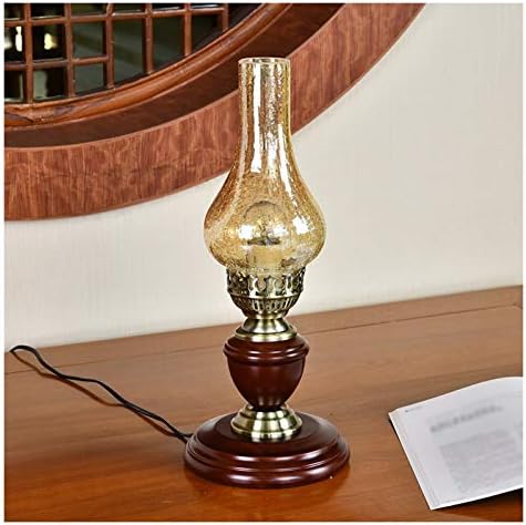 Ataay Reading Lâmpada Lâmpada de mesa de mesa Retro Pasa lâmpadas de mesa, base de madeira, abajur de vidro rachado