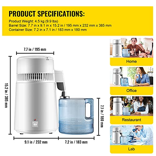 MOPHORN Pure Water Destiller 750W, filtro de purificador totalmente atualizado com alça 1,1 gal /4l, recipiente livre de