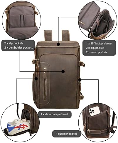 LANNSYNE Vintage Full Grein Genuine Leather Backpack 18 Bolsa de laptop com compartimento de sapato Casual Daypack Brown Brown