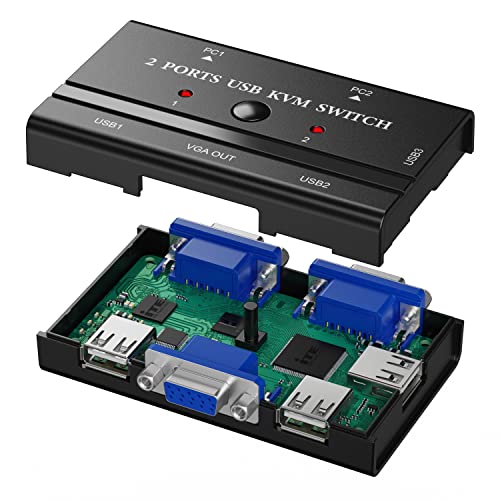 Rybozen 2 Port USB VGA KVM Switch com 2 cabos, seletor de VGA do KVM Switch para 2pc compartilhando um monitor de vídeo e 3 dispositivos USB, teclado, mouse, scanner, impressora