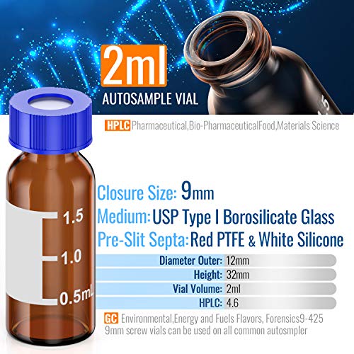 Frascos de amostrador automático 2ml HPLC frascos de 9-425 frascos de laboratórios âmbares com ponto de gravação e graduação,