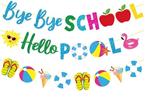 Goodbye School Hello Pool Banner, Bye Bye School Hello Decorações de festa da piscina, decorações de fim de festa escolar, último