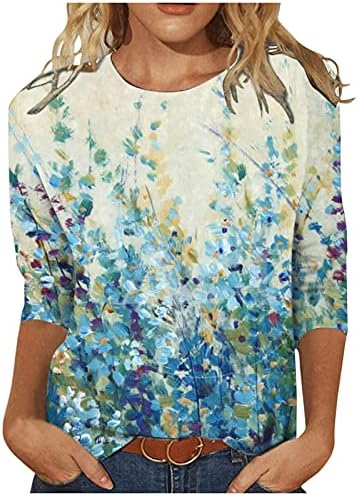 Womens Spring Summer Summer Boho Tops 3/4 de manga Camisetas casuais Casual Camiseta de camisetas estampadas florais coloridas camisa de pulôver solta