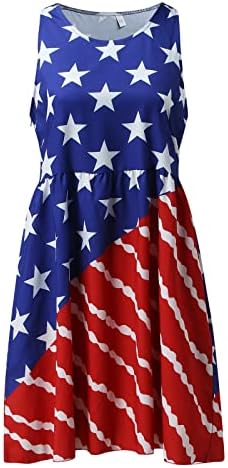 4º de julho Casual Summer Summer Beach Vestres para mulheres bandeira dos EUA Bohemian vestido sem mangas do pescoço Flowy