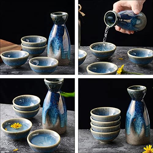 Conjunto de saquê de saquê japonês cerâmica Conjunto de garrafas de porcelana Tokkuri Pot de saquê com 4 xícaras de vinho Cerâmica tradicional Sake Serving Bottle para festa de saquê em casa